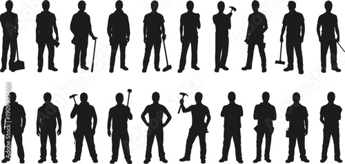 Construction worker silhouettes collection, builders and contractors with hand tools, industrial labor people isolated on white background