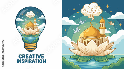 Graphic vector art showing a mosque on a lotus flower inside a lightbulb under a starry night sky with paper cranes, concept for spiritual enlightenment, peaceful meditation and religious creativity