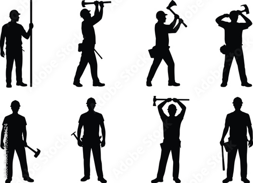 Construction worker silhouettes with axes and tools, professional lumberjack and builder set isolated on white background