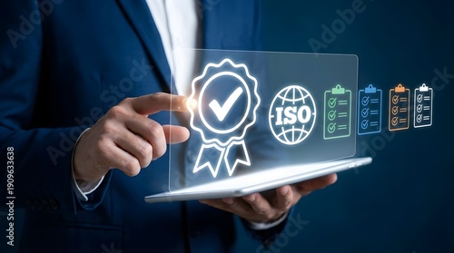 Wallpaper Mural Business professional touching a virtual ISO certification badge and checklist interface, symbolizing international quality standards and compliance. Torontodigital.ca