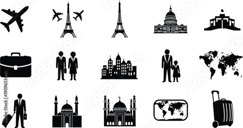 Travel business landmark silhouette vector set, black white clipart of airplane Eiffel Tower mosque Capitol skyline, global illustration artwork bundle