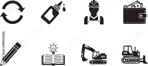 Set of vector silhouette design icons for business construction and education bundle of 8 black symbols