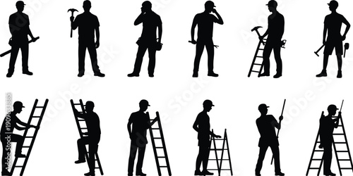 Construction worker silhouettes with ladders and hand tools, professional builders industrial labor collection isolated on white background