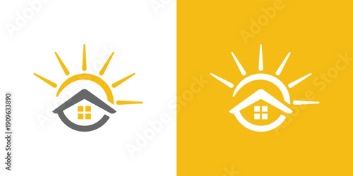 Solar Home Logo Design with Sun and House for Real Estate.
