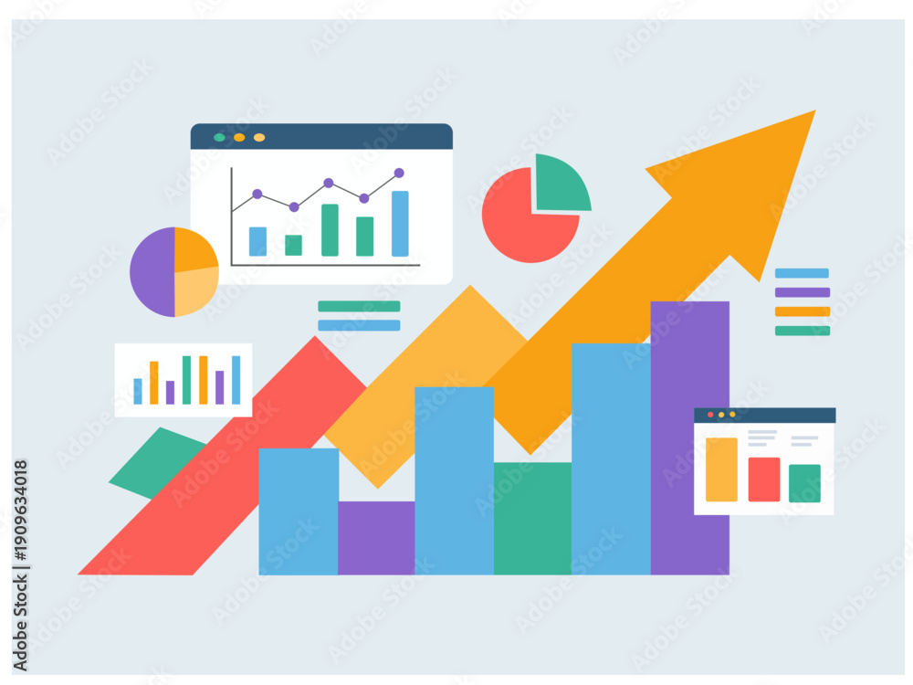 Fototapeta premium Business Data Analytics Dashboard with Growth Charts and Upward Arrow Vector Illustration