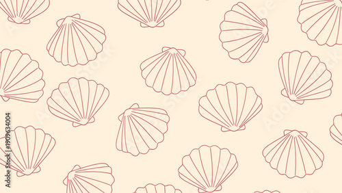 Seamless ocean pattern featuring light pink seashell outlines on a pale cream background for beach themed design and summer fabrics.