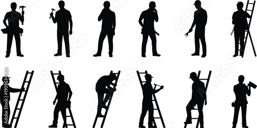Construction worker silhouettes with ladders and tools, professional builders industrial labor team set isolated on white background