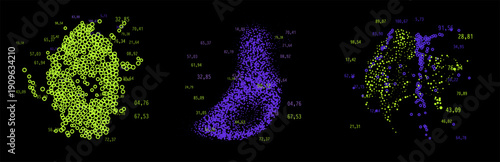 Dense scattered particle clusters with random numbers in glowing green and purple dots forming abstract data clouds on black background. Conceptual vector illustration for big data visualization.