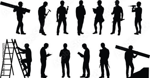 Construction workers silhouette set with tools ladder industrial labor black vector illustration isolated