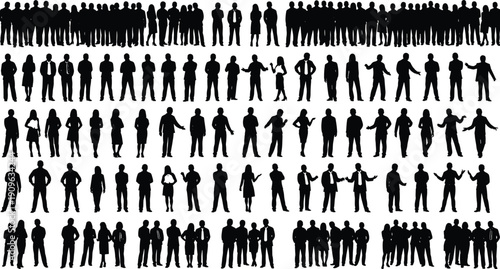 People silhouette vector set, black white clipart of diverse standing postures gestures crowd, lifestyle illustration artwork design bundle