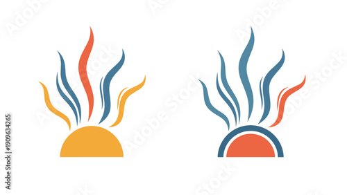 Set of two abstract logos featuring wavy lines rising from a semi circle in warm and cool color palettes for modern brand identity.