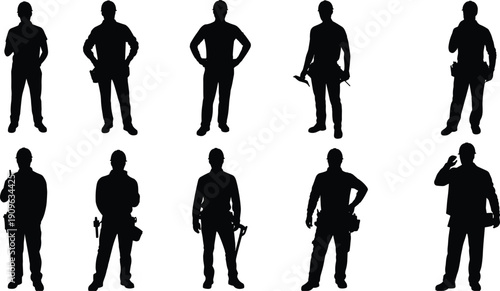Construction worker silhouettes, professional builders and contractors with tools, industrial labor people set isolated on white background