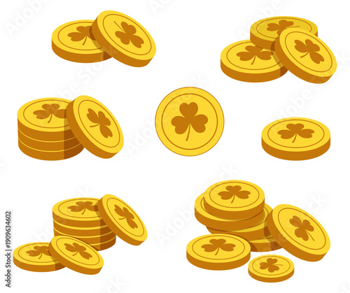 Stacked & Singles St. Patrick Day Gold Coins Collection with Shamrock Symbols - Flat Lucky Irish Leprechaun Treasure Vector Illustration Set