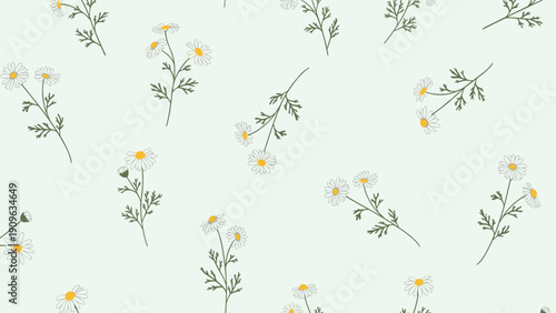 Charming seamless pattern of small white blossoms and green stems scattered over a soft mint green background for textile patterns.