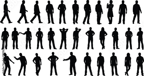 People silhouette vector set, black white clipart of standing walking diverse postures gestures, lifestyle illustration artwork design bundle