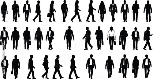 Business people silhouette vector set, black white clipart of professionals walking standing briefcases handbags, corporate illustration artwork bundle