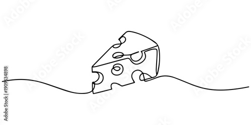 cheese continuous one line drawing, One continuous line of a piece of cheese with holes. Line art of a triangular-shaped hard cheese slice. Drawing in one line style with a black stroke. Vector