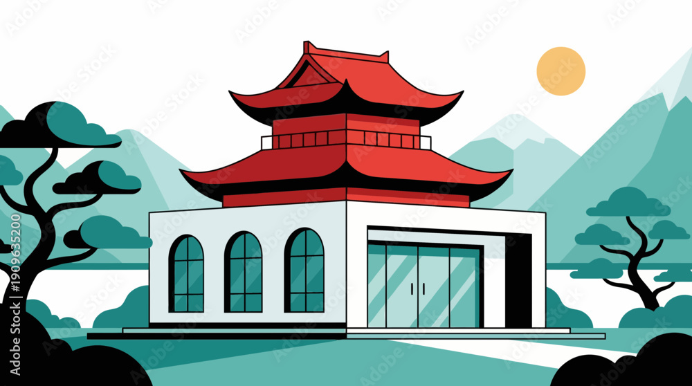 Fototapeta premium Flat vector illustration of a modern building with a red tiered East Asian roof set against stylized mountains and pine trees, concept for travel brochures, architectural design and historical tourism