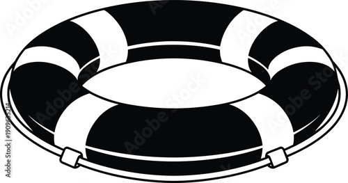 Black and white lifebuoy icon isolated on white background, minimalist life preserver ring vector illustration for safety equipment, rescue service, maritime protection and emergency symbol design