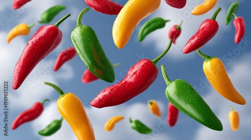 Wallpaper Mural Colorful chili peppers in various shades of red, green, and yellow floating against a clear blue sky with fluffy clouds, showcasing detailed textures and vibrant colors in a wide composition Torontodigital.ca
