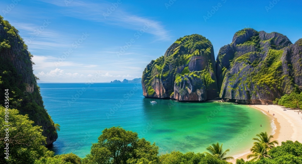 Fototapeta premium Tropical island cove with emerald waters, lush cliffs, sandy beach