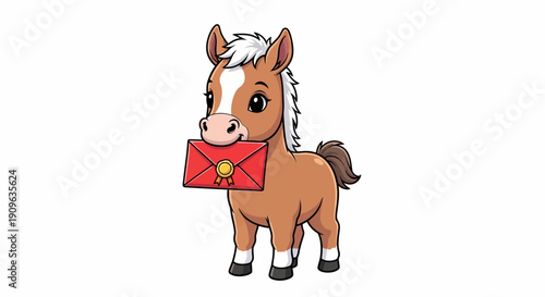Adorable Chibi Horse Mascot Carrying a Sealed Message