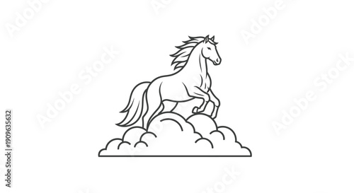 Majestic Line Art Horse Standing on a Stylized Cloud