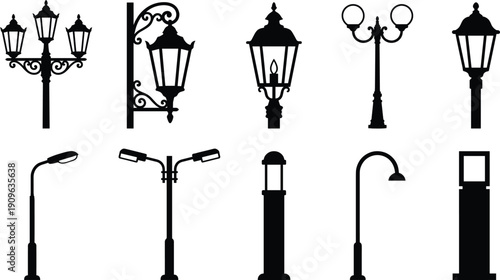 Vintage and Modern Street Lamp Silhouettes Set, Decorative Outdoor Lighting Fixtures, Victorian Lanterns and Contemporary Urban Post Icons Collection