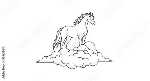 Majestic Line Art Horse Standing on a Stylized Cloud
