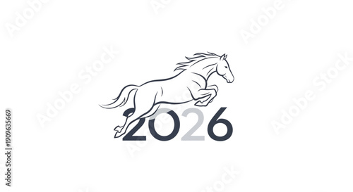 Elegant black and white digital illustration combining the year 2026 with a majestic horse silhouette, representing strength and the spirit of the new year in a unique graphic design concept