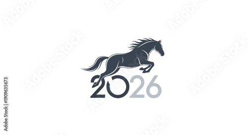 Elegant black and white digital illustration combining the year 2026 with a majestic horse silhouette, representing strength and the spirit of the new year in a unique graphic design concept