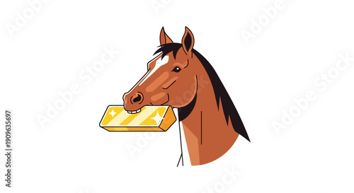 Cartoon Horse Head Holding Shiny Gold Ingot Vector