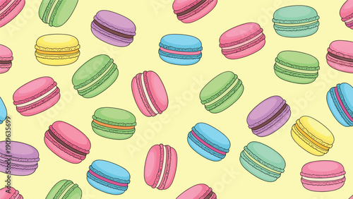 Delicious seamless pattern of colorful french macarons in various flavors scattered on a bright yellow background for bakery design.