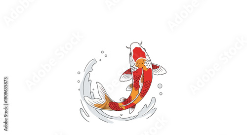 Vibrant illustration of a graceful koi fish dynamically leaping from clear water, embodying symbols of perseverance, prosperity, and good fortune, perfect for contemporary design and cultural themes