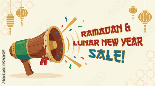 Festive megaphone graphic promoting "Ramadan & Lunar New Year Sale" banner decorated with gold lanterns, concept for holiday promotions, e-commerce retail and seasonal discount flyers
