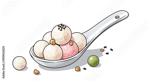 A white ceramic spoon filled with sweet rice balls, some with sesame seeds and colored with natural food dyes, presented on a clean white background