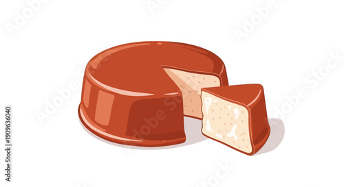 Exquisitely rendered vector illustration of a gourmet cheese wheel with a distinct wedge removed, highlighting its rich, creamy interior and inviting, savory appeal on a clean background