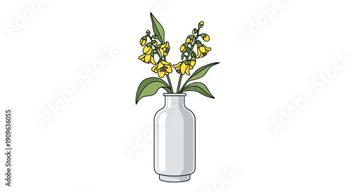 A simple vase holding a bouquet of delicate yellow flowers with green leaves, showcasing a minimalist and clean design