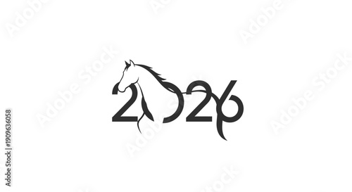 Elegant black and white digital illustration combining the year 2026 with a majestic horse silhouette, representing strength and the spirit of the new year in a unique graphic design concept