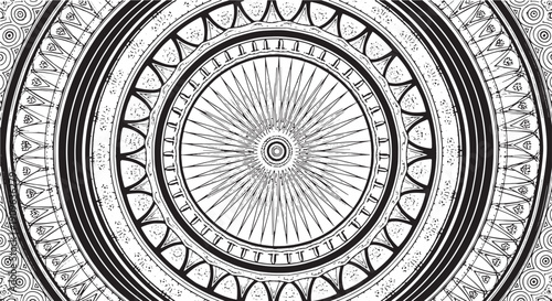 Abstract vector tire tracks form a medieval zodiac circle on the ancient facade of an old Italian cathedral tower, blending architectural art with a round astronomical clock symbol in Venice