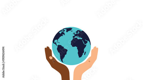 Hands of different ethnicities gently holding planet earth represent global unity, environmental protection, and social harmony for all.