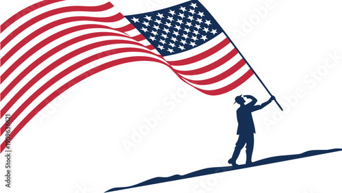 A patriotic silhouette of a person saluting as they hold a large waving American flag