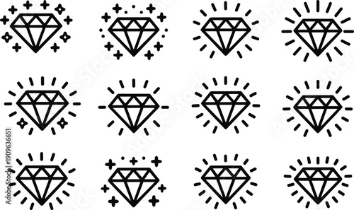 Diamond sparkle icon set in black line art style isolated on white background, luxury gemstone symbol collection for jewelry branding, premium logo design and elegant decoration
