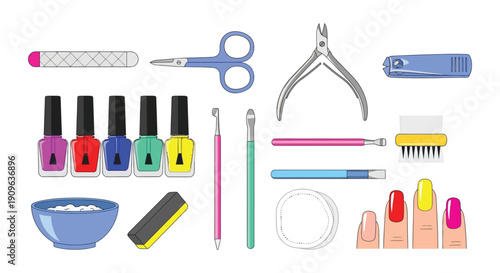 Collection of colorful nail and beauty tools arranged in a flat lay style
