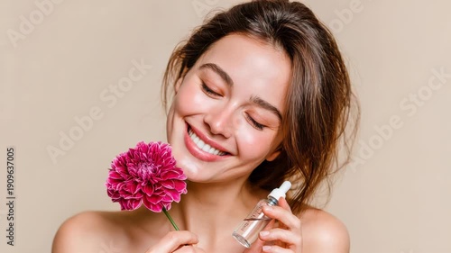 Smiling young woman holding cosmetic serum dropper bottle and pink flower on beige background, natural skincare and beauty concept