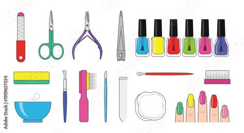 Collection of colorful nail and beauty tools arranged in a flat lay style