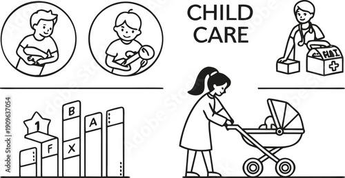 A collection of line art illustrations representing different aspects of childcare, parenting, and child health