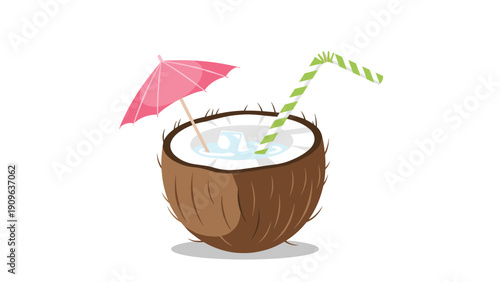 Refreshing tropical drink served in a half coconut shell with a pink cocktail umbrella and a striped straw on a white background.