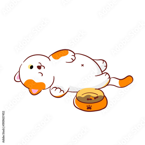 A cat lying down with its belly full, having eaten its fill. Hand-drawn.