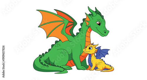 Two colorful dragons a parent and baby are depicted in a cartoon style